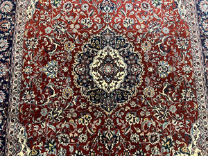 Fine Sino Persian Rug 7x10 ft, Floral Central Medallion Oriental Carpet, Red Navy Blue Cream, Hand Knotted Wool Traditional Vintage Rug