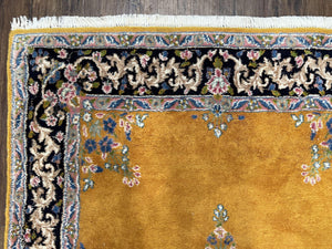 Vintage Persian Kirman Rug 4x7, Unique Colors, Mustard and Black Rug, Open Field with Central Medallion, Wool Oriental Rug, Persian Carpet Handmade