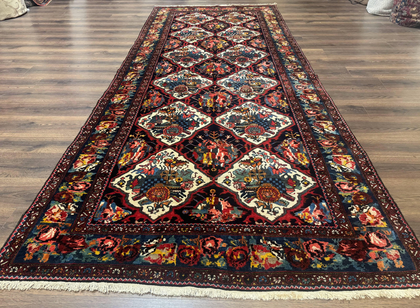Persian Bakhtiari Rug 5x12, Wide Runner Rug, Unique Size, Multicolor Panel Design, Navy Blue Ivory, Antique Persian Rug, Colorful