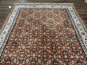 Indo Bidjar Rug 8x10, Indo Persian Bijar Carpet 8 x 10 ft, Herati Allover Floral, Red and Ivory, Wool Hand Knotted Vintage Oriental Rug Nice