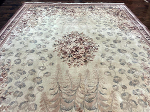Aubusson Wool Rug 9x11, Wool with Silk Highlights, European Design, Vintage, Handmade, Floral, Fine 210 KPSI
