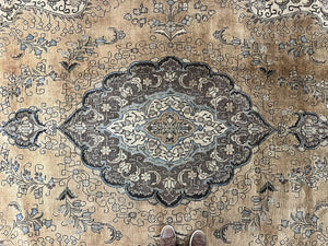 Antique Persian Tabriz Rug 9x12, Floral Medallion Rug, Hand-Knotted Wool Oriental Carpet, Room Sized Handmade Rug, 9 x 12 Vintage Farmhouse Rug