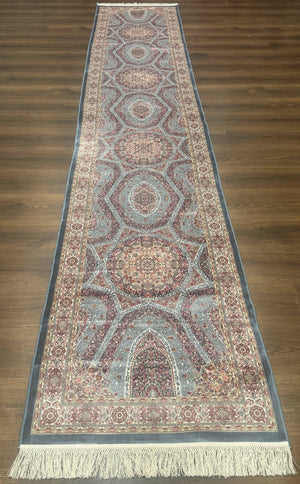 Turkish Silk Runner Rug 2.6 x 13, Blue Runner Rug, Dome Design, Bamboo Silk, New