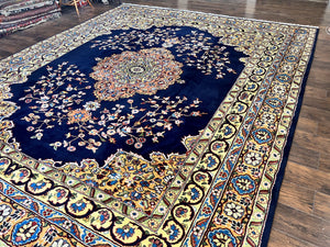 Indo Persian Rug 12x15, Mahal Sarouk Rug 12 x 15, Wool Hand Knotted Vintage Carpet, Navy Blue, Oversized Rug, Center Medallion