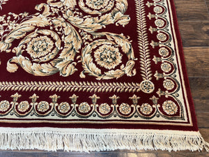 Aubusson Rug 9x12, Wool Handmade Carpet, Elegant French European Design, Dark Maroon Red, 9 x 12 Room Sized Rug, Finely Hand Knotted