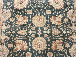 Egyptian Mahal Rug 10x14, Large Vintage Floral Hand Knotted Wool Carpet 10 x 14, Dark Green and Beige Traditional Handmade Persian Area Rug