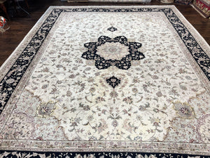 Sino Persian Rug 12x15, Ivory and Black, Floral Medallion Carpet, Large Palace Size Oriental Rug, Wool and Silk Highlights, Vintage Rug