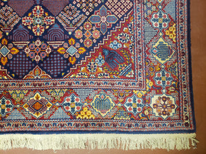 Wonderful Persian Kashan Rug 5x7, Dark Blue and Multicolor Panel Design, Wool Vintage Hand Knotted Carpet