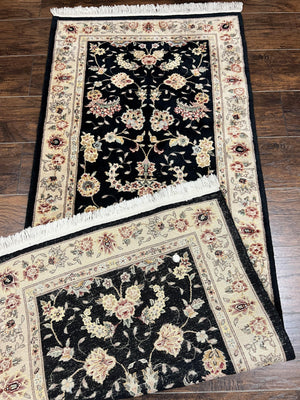 Sino Persian Short Runner Rug 2.7 x 6, Wool and Silk Highlights Black and Beige Handmade Vintage Floral Allover Oriental Carpet, Hallway Rug