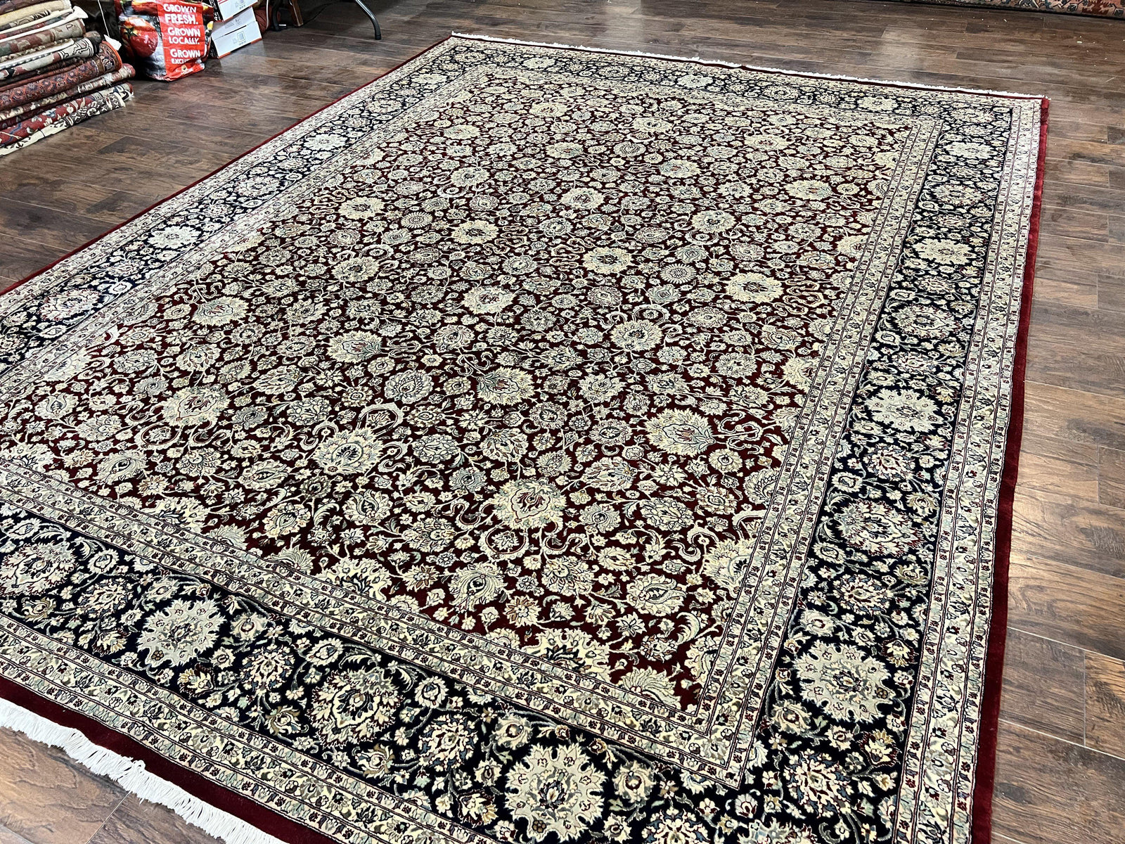 Sino Persian Rug 9x12, Floral Allover Pattern, Wool Vintage Carpet, Dark Maroon Red, 9 x 12 Traditional Room Sized Rug, Finely Hand Knotted