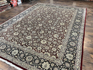 Sino Persian Rug 9x12, Floral Allover Pattern, Wool Vintage Carpet, Dark Maroon Red, 9 x 12 Traditional Room Sized Rug, Finely Hand Knotted