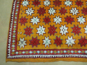 Vintage Moroccan Rug 4x5, Orange Ivory Red, Geometric Stars, Repeated Motif Allover, Hand Knotted Soft Wool Area Rug, Tribal Oriental Carpet