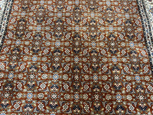 Indo Bidjar Rug 8x10, Indo Persian Bijar Carpet 8 x 10 ft, Herati Allover Floral, Red and Ivory, Wool Hand Knotted Vintage Oriental Rug Nice
