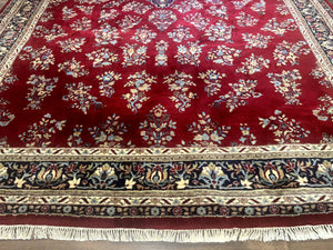 Indo Persian Sarouk Rug 10x14, Large Red and Navy Blue Carpet, Traditional Floral Wool Rug