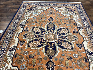 Indo Heriz Rug 6x8, Wool Hand Knotted Vintage Oriental Carpet, Orange-Red Ivory & Navy Blue, Medallion Rug, Handmade Indo Persian Rug