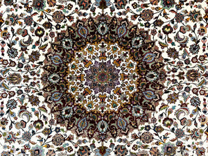 Persian Tabriz Rug 8x11, Floral Medallion Traditional Area Rug, Fine 300 KPSI, Ivory Maroon