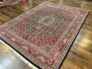 Indo Persian Rug 8x10, Wool Hand Knotted Vintage Carpet, Red & Midnight Blue, Indo Bidjar Oriental Rug, Herati Mahi Pattern, Room Sized Rug