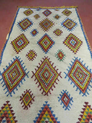 Moroccan Wide Runner Rug 3' 6" x 9', Vintage Azilal Berber Carpet Tribal Runner, Colorful Diamonds Ivory Orange Yellow, Soft Wool Handmade