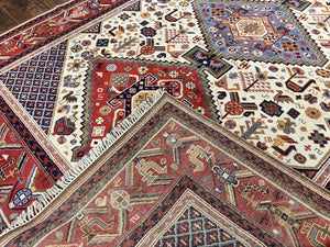 Belgium Power Loomed Rug 8x12, Geometric Medallions Persian Tribal Pattern, Vintage Wool Carpet, Ivory Red Blue