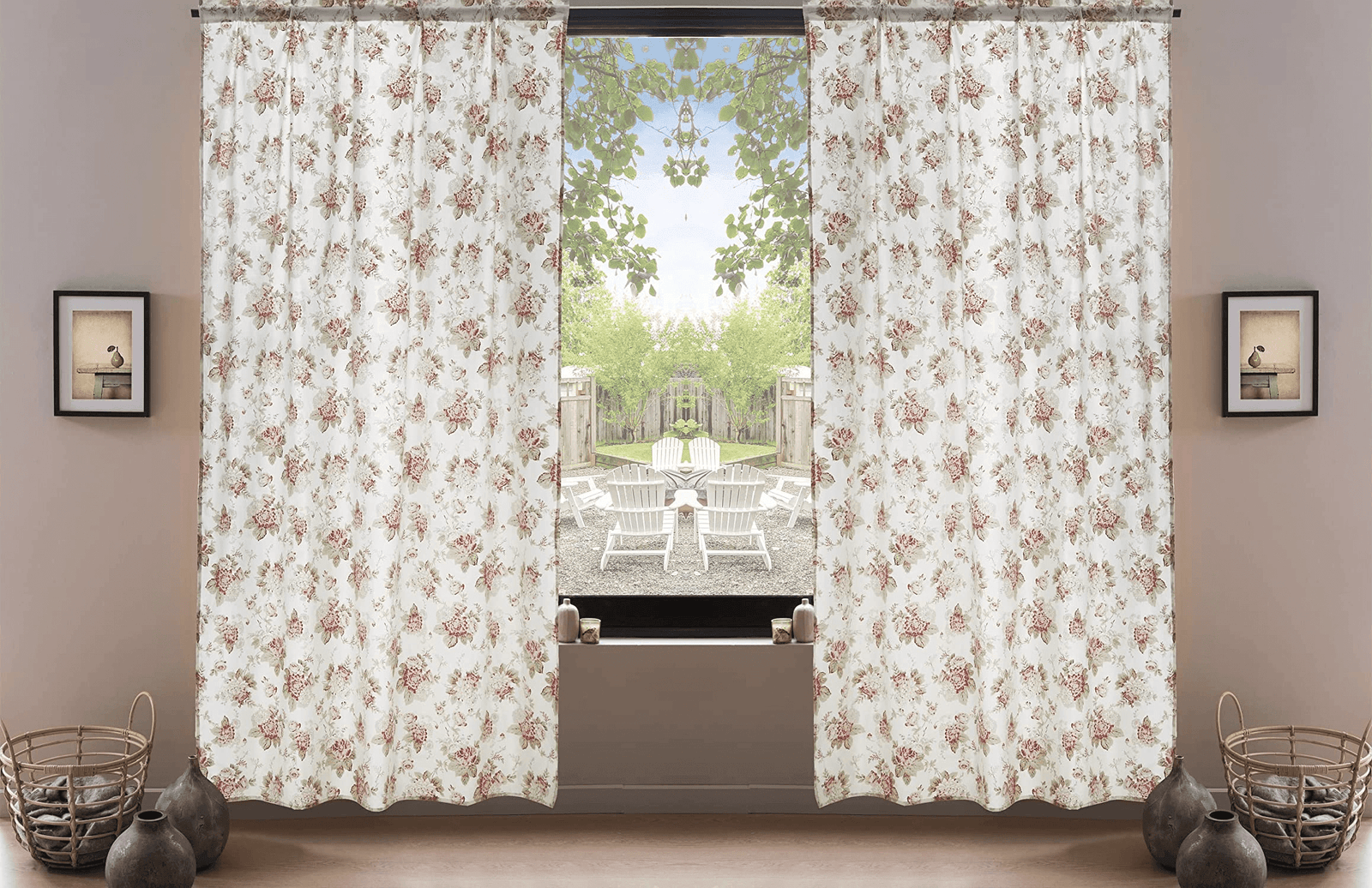 DaDa Bedding Set of 2-Pieces Hint of Mint Dainty Floral Pink Roses Cottage Sheer Window Panel Curtains (JHW3036)