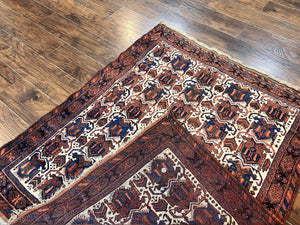 Persian Afshar Rug 4x5, Repeated Motif, Ivory & Burgundy, Wool Tribal Oriental Carpet, Handmade Vintage Semi Antique Medium Sized Rug