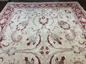 Peshawar Rug 8x12 Pakistani Carpet, Oriental Rug 8 x 12 Chobi Rug, Beige and Red, Allover Large Floral Design, Hand Knotted Vintage Wool
