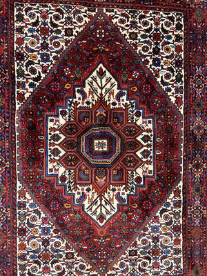 Fine Persian Bidjar Rug 3x5, Geometric Medallion Oriental Bijar Carpet 3 x 5 ft, Ruby Red and Cream, Hand Knotted Wool Rug, Semi Antique Tribal Rug, Nice