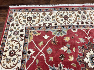 Indo Persian Rug 9x12, Wool Hand Knotted Vintage Carpet, Red & Ivory, Floral Allover, 9 x 12 Room Sized Rug