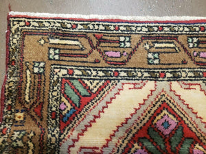 Small Persian Rug 2x3, Hand Knotted Handmade Wool Tribal Geometric Medallion Hamadan Carpet 2 x 3 ft Cream Red Camel Hair Color, Tiny Vintage Carpet