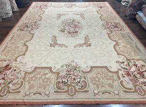 10x14 Aubusson Rug, Wool Handmade Vintage Carpet, French European Design, Elegant