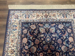 Karastan Rug #747, Indigo Tabriz 5.9 x 9, Wool Carpet Original 700 Series, Vintage Area Rug Allover Floral, Discontinued, Navy Blue Ivory