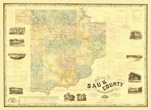 Vintage Map of Sauk County, Wisconsin 1859