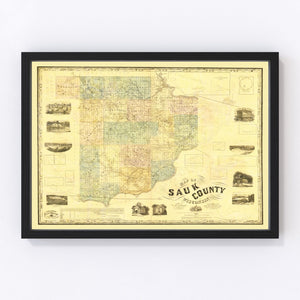 Vintage Map of Sauk County, Wisconsin 1859