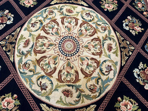 Palace Size Needlepoint Rug 12x20, European French English Aubusson Floral Design, Black and Beige