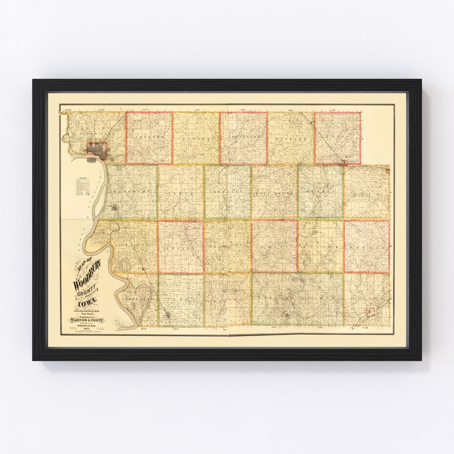 Vintage Map of Woodbury County, Iowa 1884