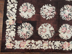 Floral Needlepoint Rug 5x7, Repeated Floral Motifs, Eggplant Color, Handmade Wool Vintage Needlepoint Area Rug 5 x 7 ft, Flatweave Rug
