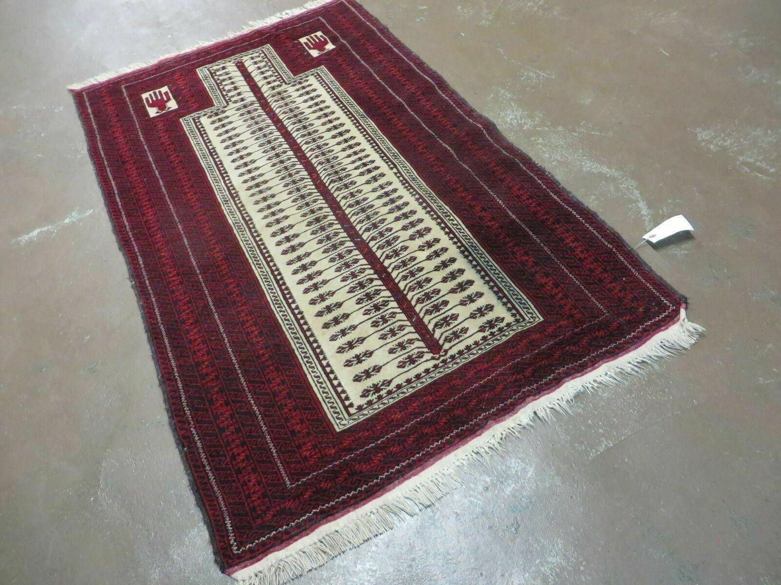 3' X 5' Antique Handmade Turkoman Balouchi Prayer Wool Rug Khamesh