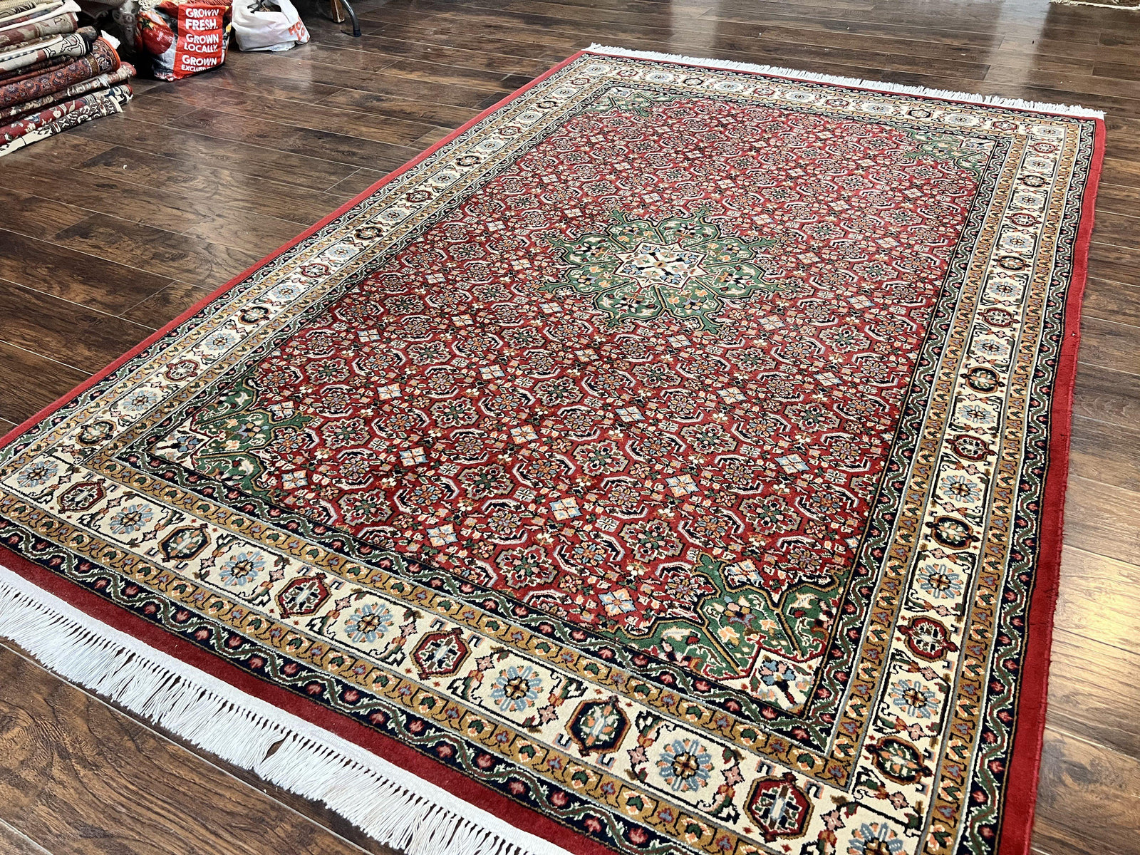 Persian Tabriz Rug 7x10, Wool Hand Knotted Vintage Carpet, Red Green & Cream, Herati Pattern, 7 x 10 Room Sized Oriental Rug