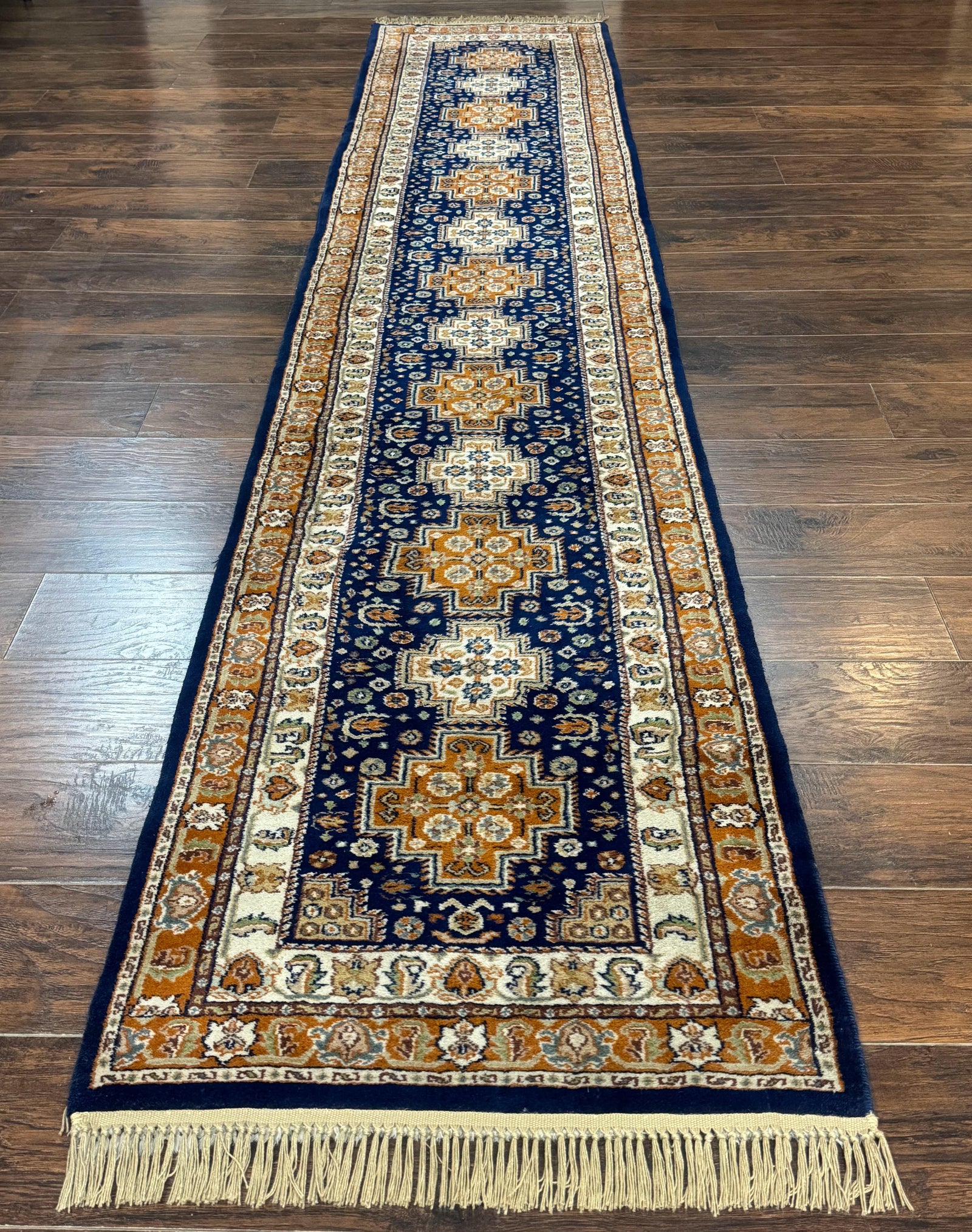 Indo Persian Runner Rug 2.6 x 12.7, Indian Kashmiri Runner for Hallway or Kitchen, Navy Blue, Geometric Medallions, Handmade Wool