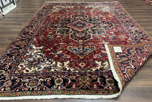 Antique Persian Heriz Rug 8x11, Geometric Tribal Wool Carpet, Brick Red