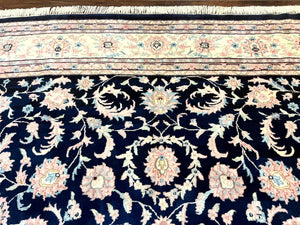 Indo Persian Rug 9x12, Navy Blue and Ivory/Cream, Floral Allover, Wool Vintage Handmade Carpet