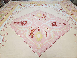 Large Turkish Kilim Carpet 10x14, Vintage Hand-Knotted Turkish Kilim Rug 10 x 14, Pink Cream Yellow Red, Decorative, Geometric, Unique