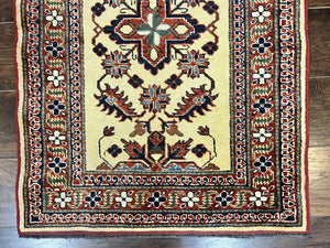 Afghan Heriz Runner Rug 2.9 x 12, Vintage Hand Knotted Persian Carpet for Hallway, 12ft Runner, Wool, Cream