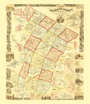Vintage Map of Windsor County, Vermont 1855