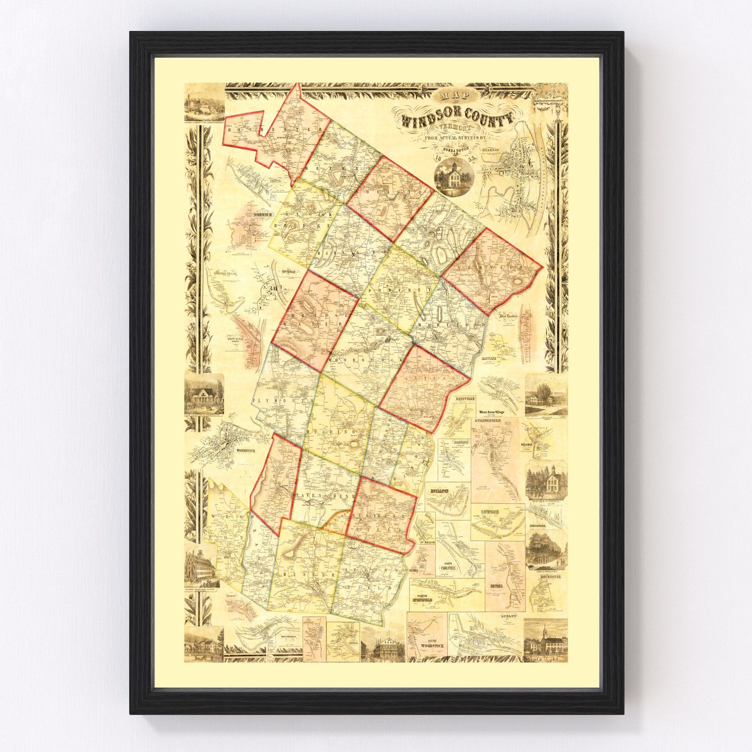 Vintage Map of Windsor County, Vermont 1855