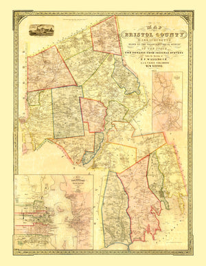 Vintage Map of Bristol County, Massachusetts 1852