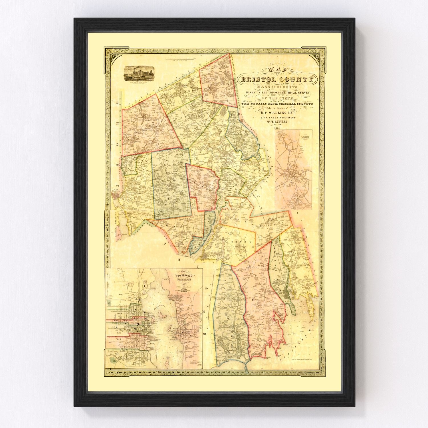 Vintage Map of Bristol County, Massachusetts 1852