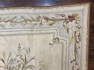 Needlepoint Rug 6x9, Elegant European Design Aubusson Carpet, Vintage Wool Handmade Rug, Light Yellow Ivory