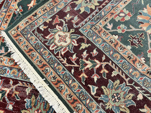 Indo Persian Rug 9x12, Wool Hand Knotted Vintage Carpet, Green and Maroon, Traditional Allover Floral Design, 9 x 12 Room Sized Rug