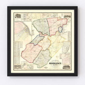 Vintage Map of Middlesex County, New Jersey 1861